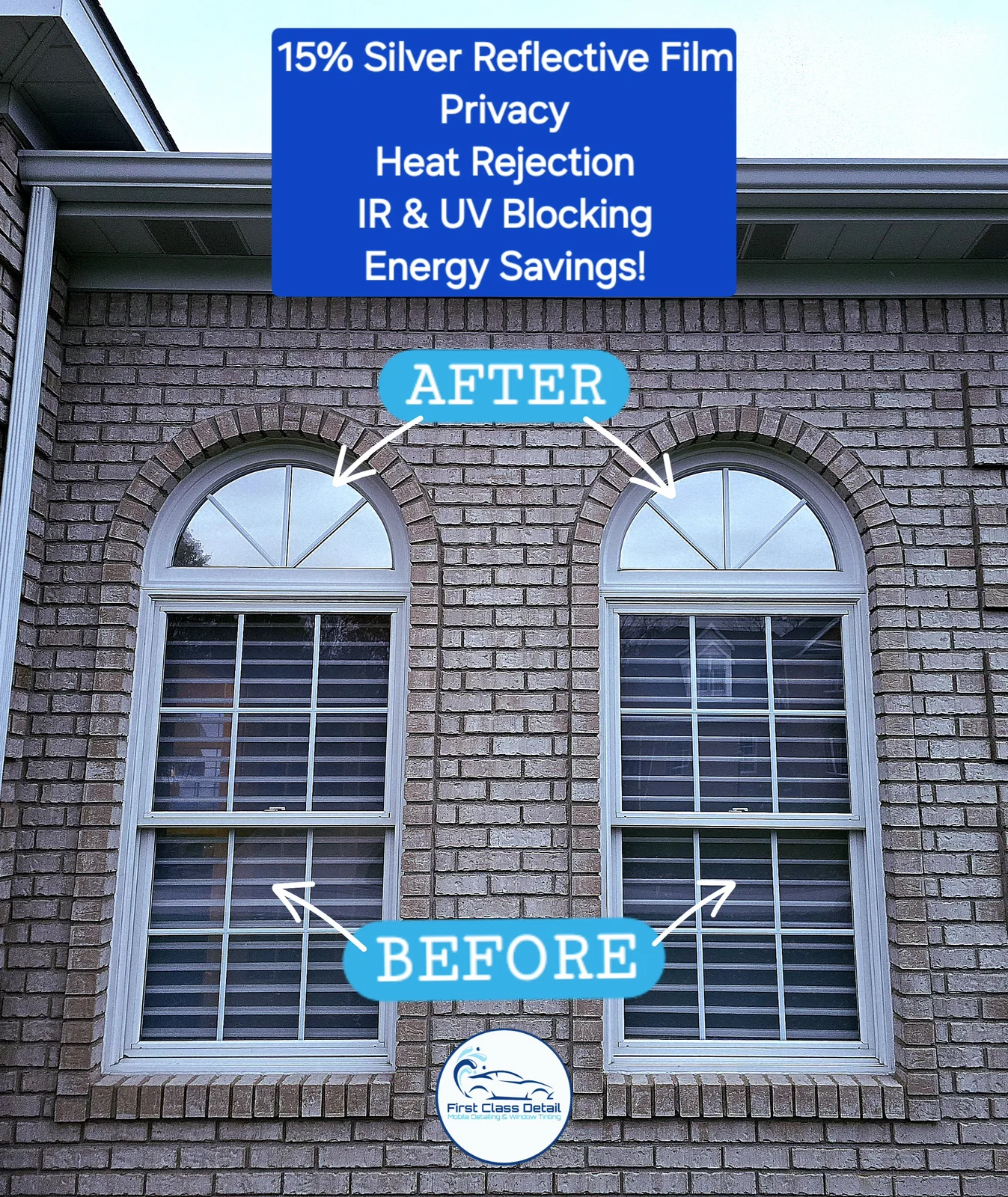 Residential solar-control window film before and after comparison showcasing exterior daytime privacy